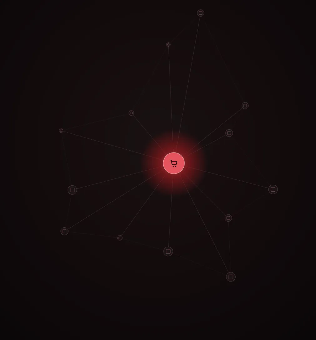 An abstract dark commerce network graphic with a glowing red cart node at its center